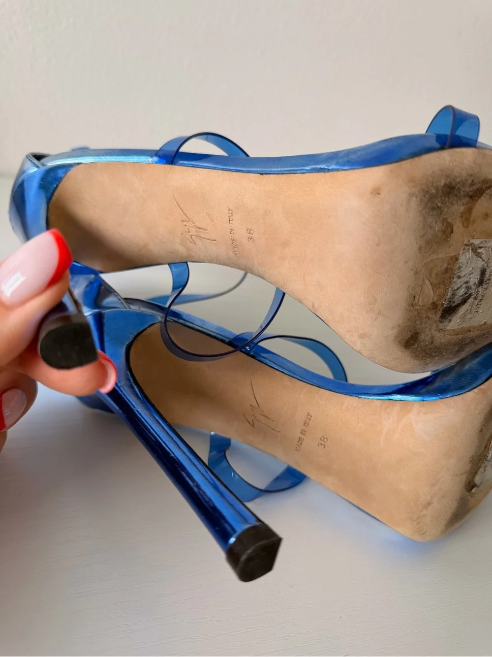 Giuseppe Zanotti Metallic Blue Clear-Strap Stiletto Sandals Size 38